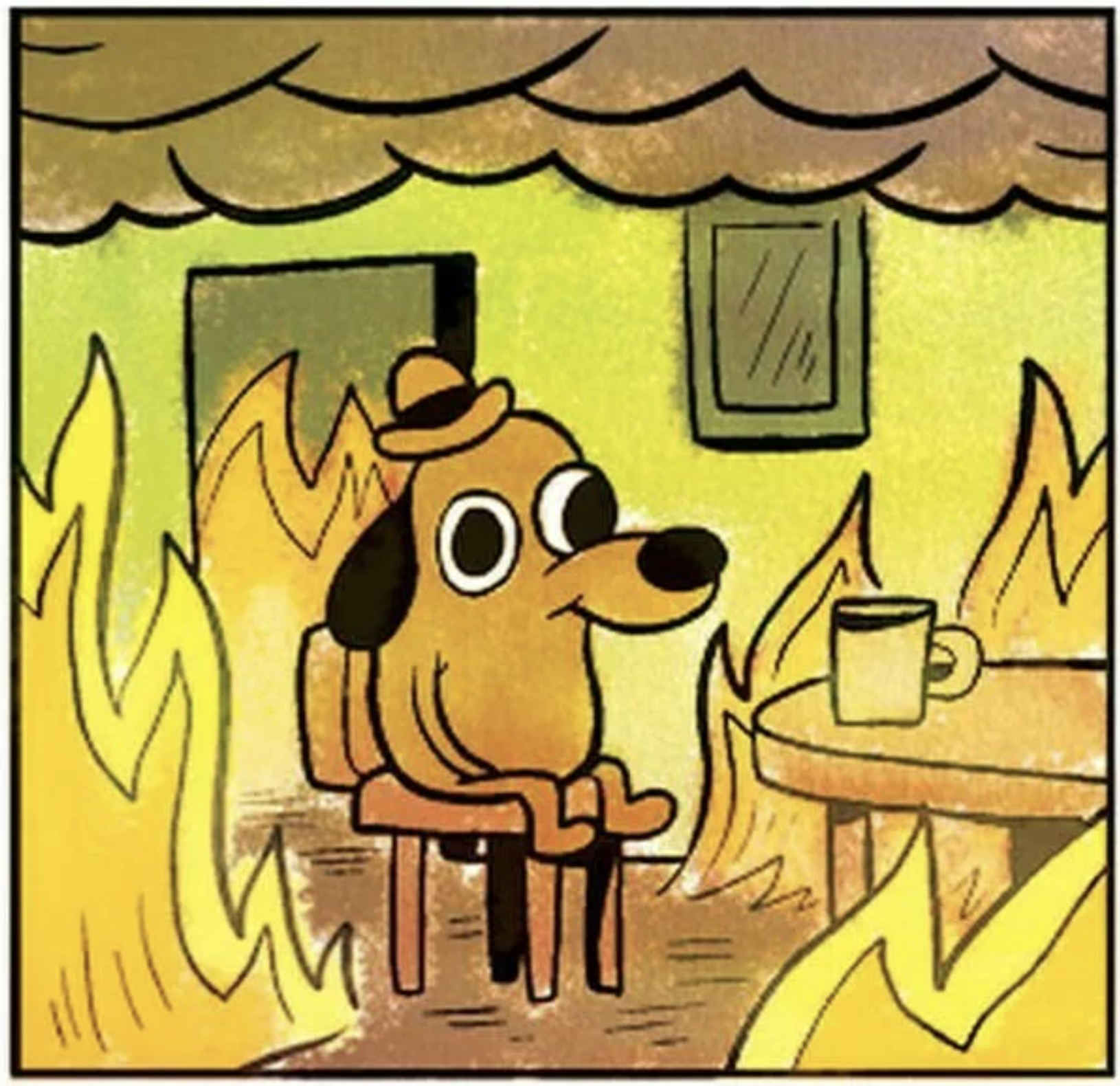 This Is Fine dog sitting in burning room